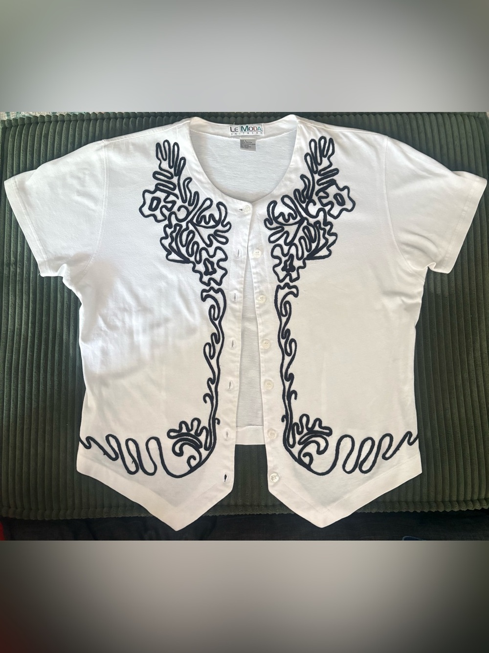 Le Moda Cotton Embroidered Black/White Short Sleeve Button-Up Top Sz L